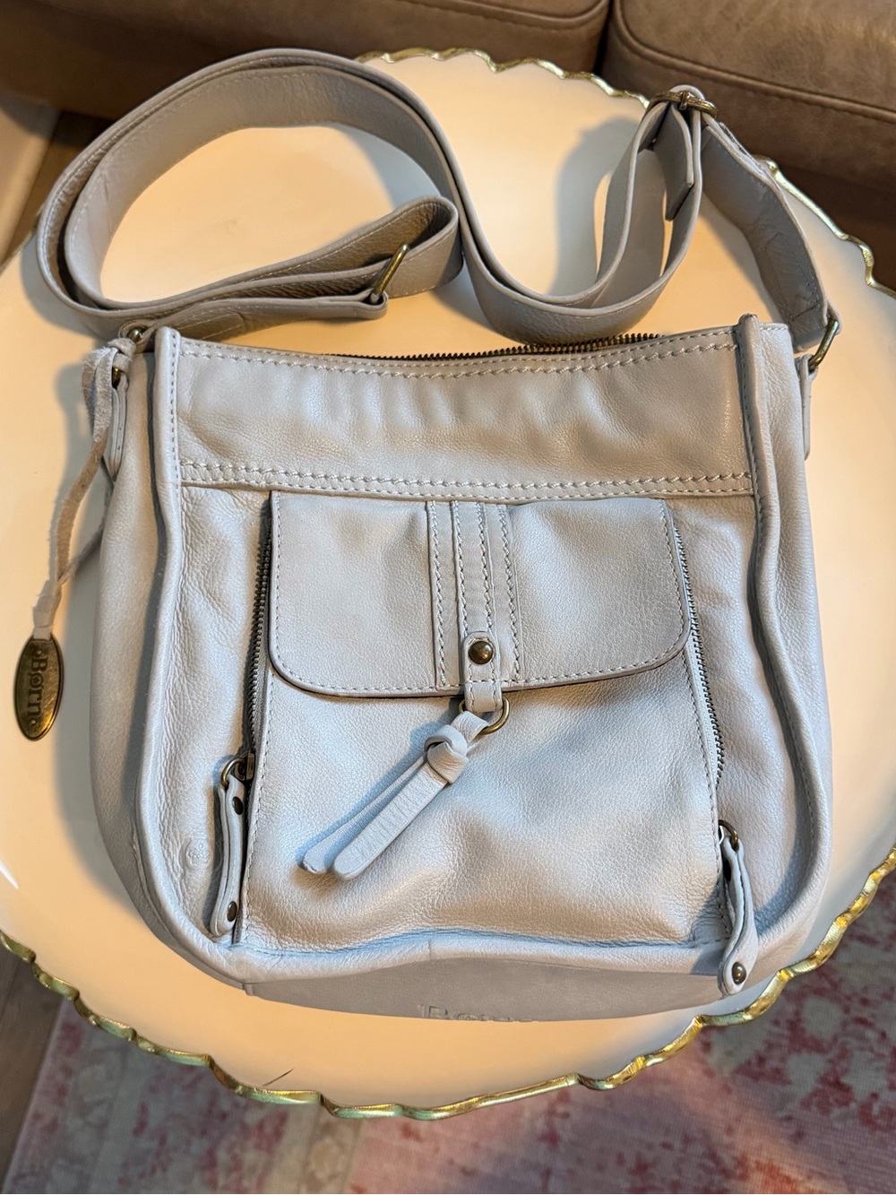 Børn Soft Gray Leather Organizer Crossbody Bag Built-In Wallet Purse